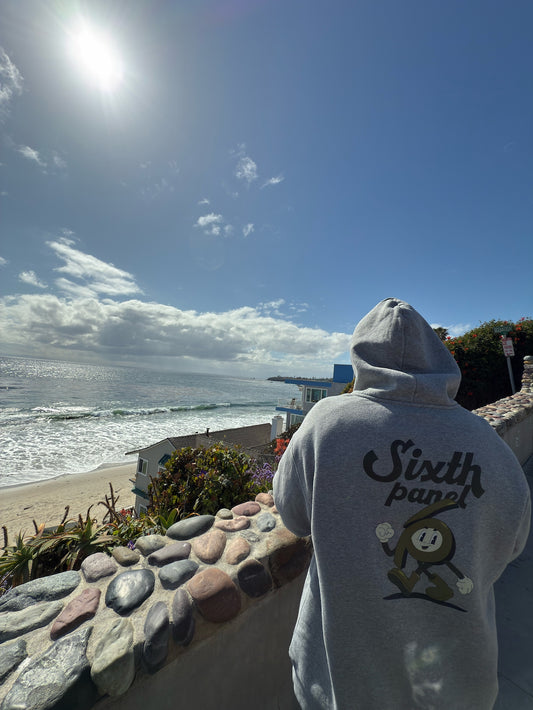 Person wearing a Sixth Panel Pal hoodie at a beach.
