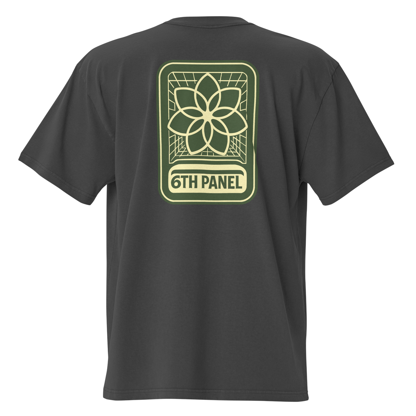6th Panel Lotus Tee in faded black, back lotus graphic