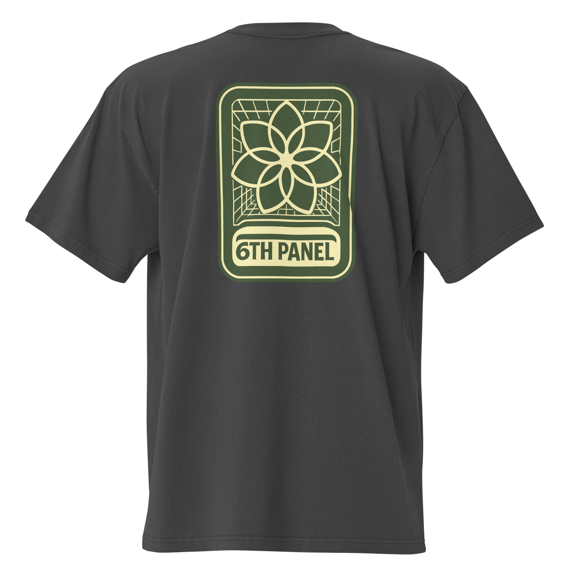 6th Panel Lotus Tee in faded black, back lotus graphic