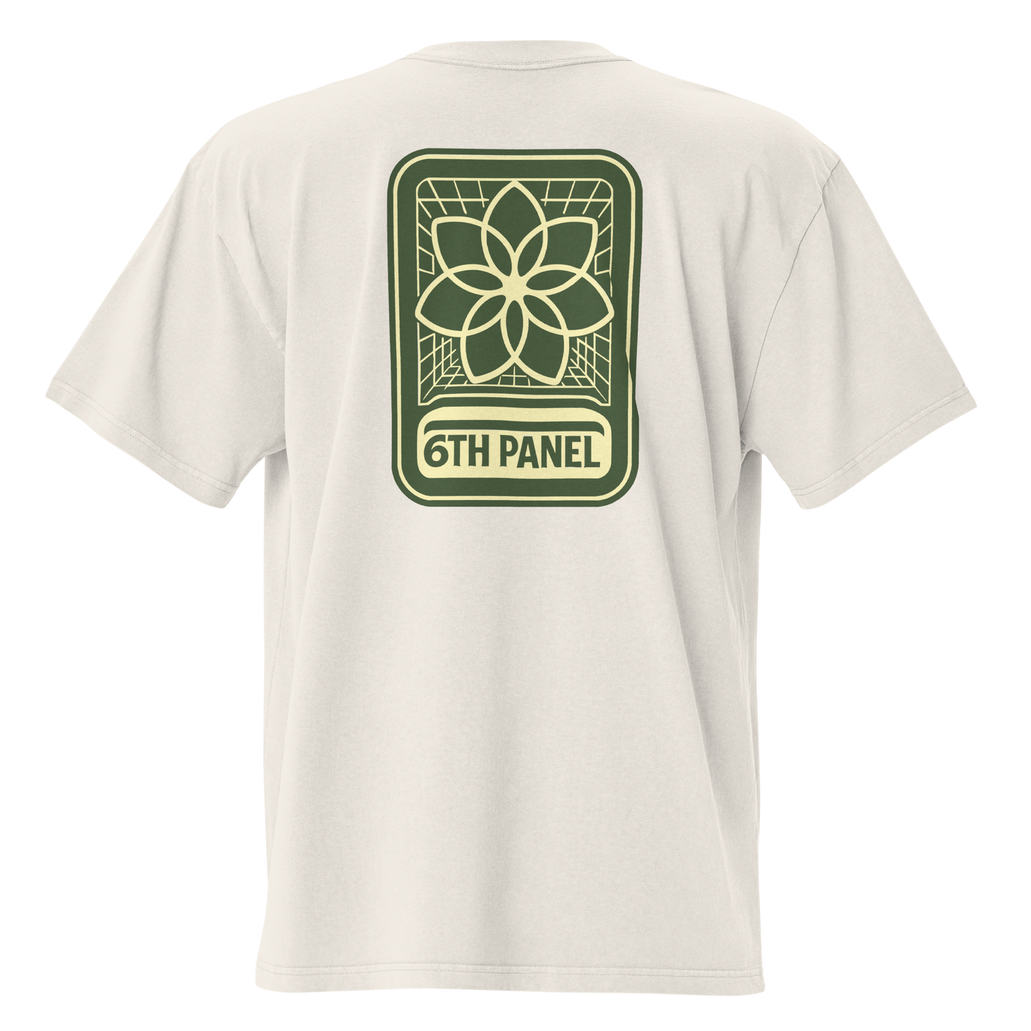 6th Panel Lotus Tee in faded bone, back lotus graphic