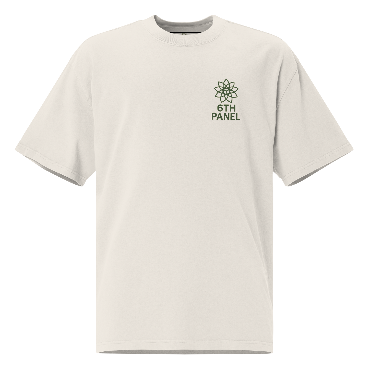 6th Panel Lotus Tee in faded bone, front chest logo