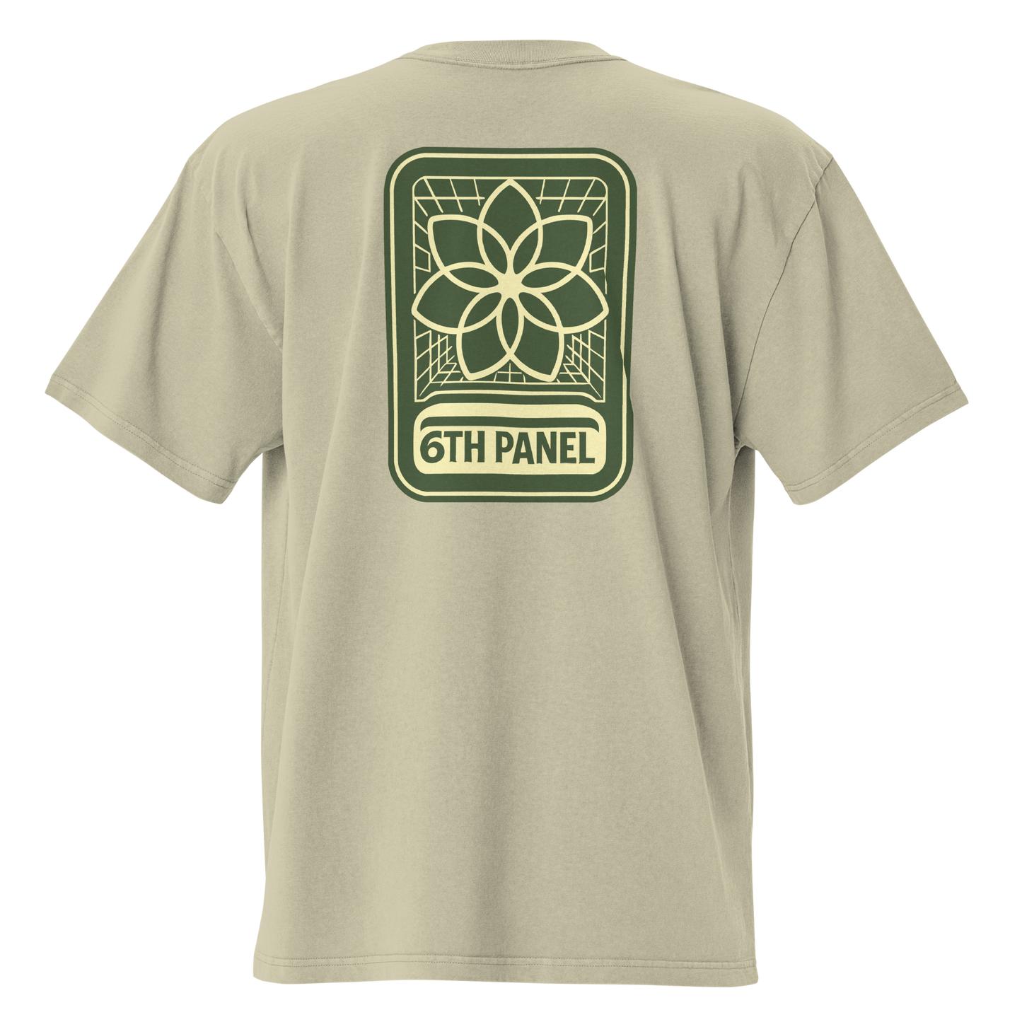 6th Panel Lotus Tee in faded eucalyptus, back lotus graphic