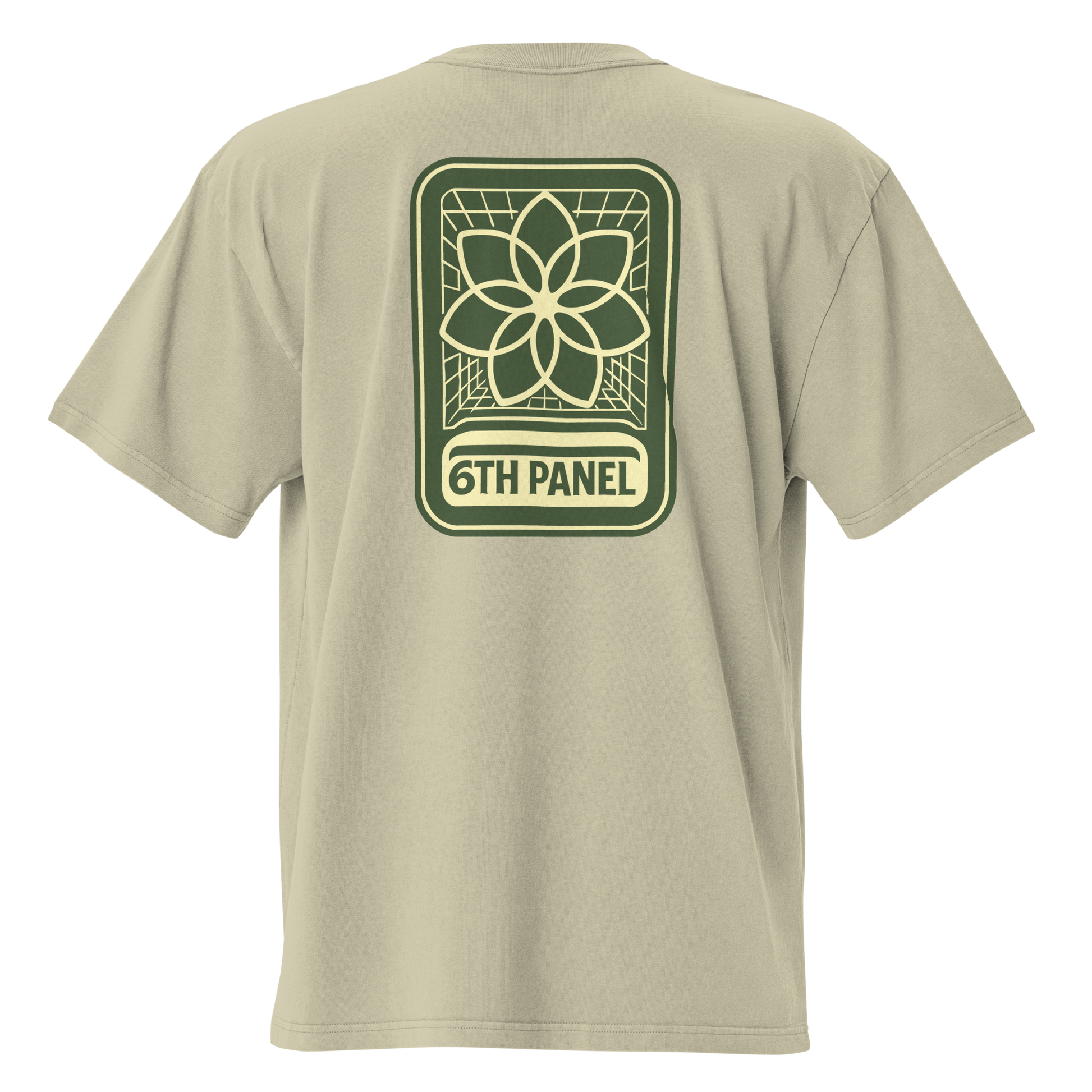 6th Panel Lotus Tee in faded eucalyptus, back lotus graphic