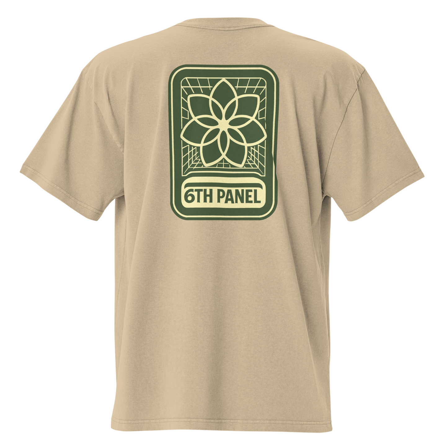 6th Panel Lotus Tee in faded khaki, back lotus graphic