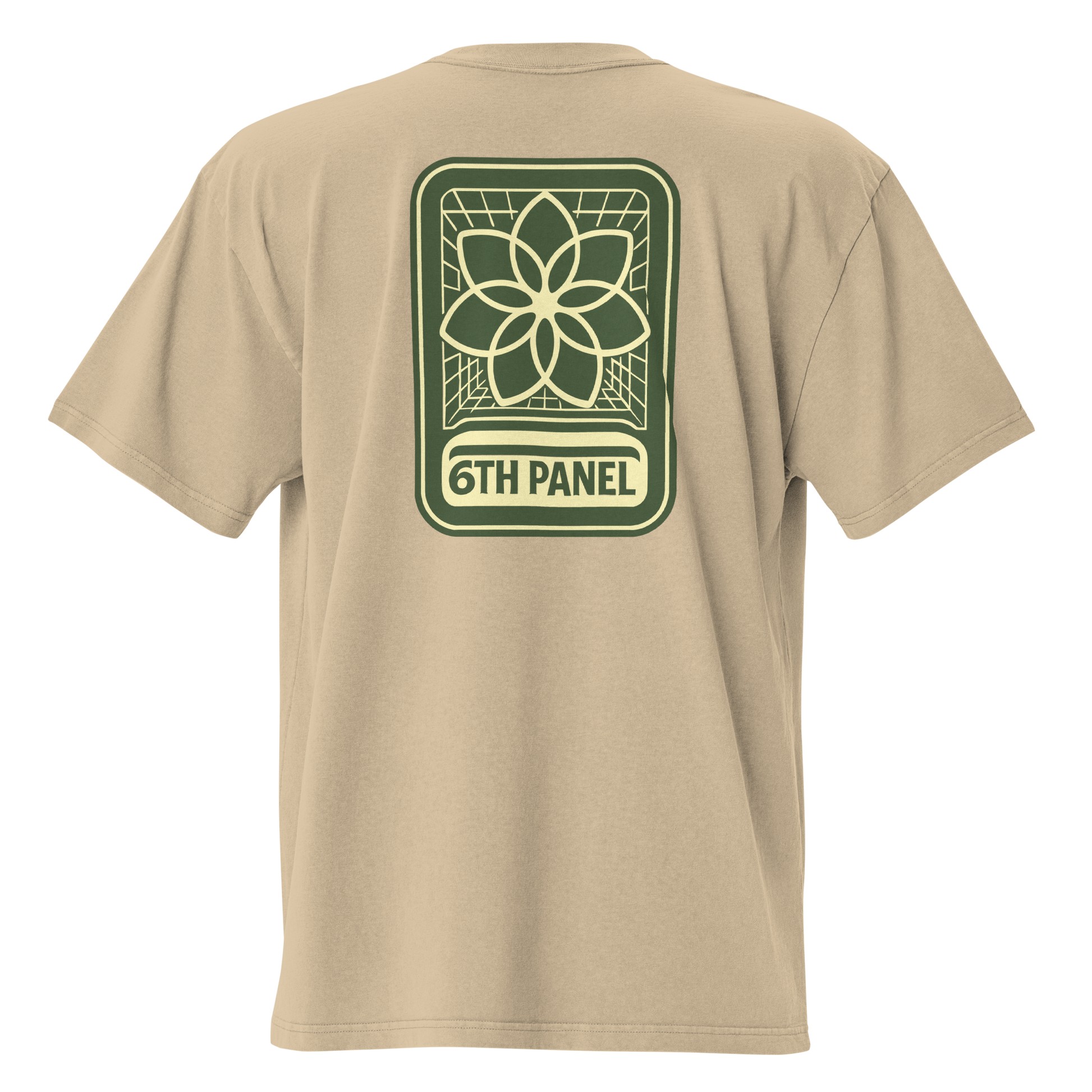 6th Panel Lotus Tee in faded khaki, back lotus graphic