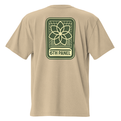 6th Panel Lotus Tee in faded khaki, back lotus graphic
