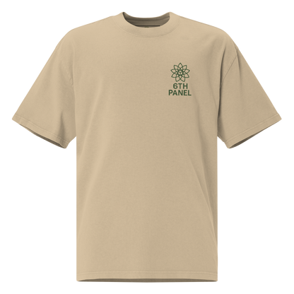 6th Panel Lotus Tee in faded khaki, front chest logo