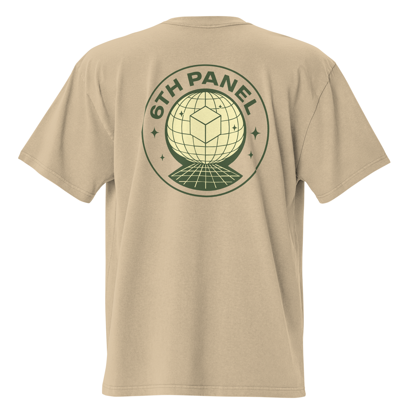 6th Panel Worldwide Panel Tee in faded khaki, back globe graphic